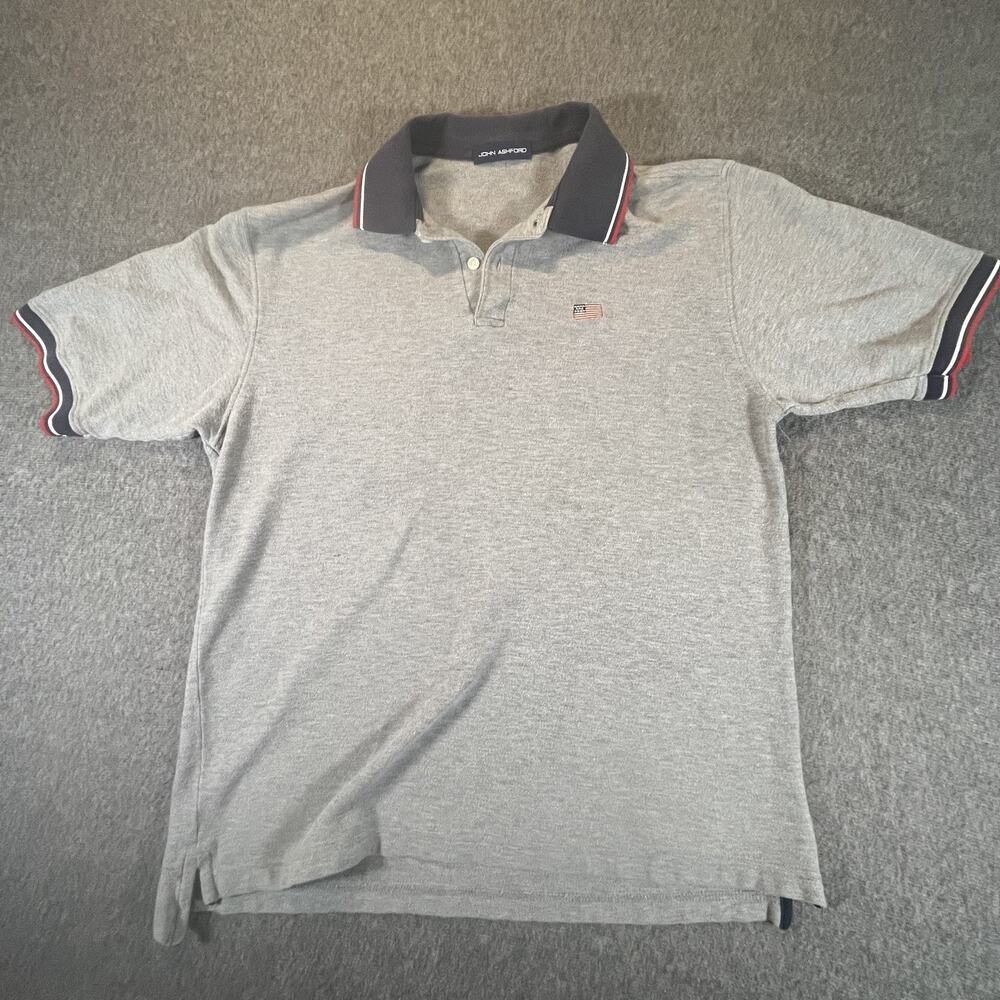 John Ashford Polo Shirt Mens Large Gray American Flag Embroidered Casual Preppy